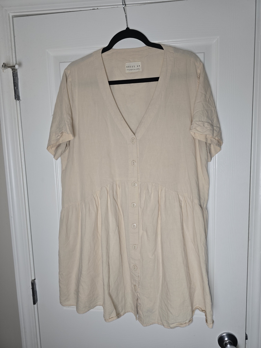 Dress Up Neutral Cream Button-Front V-Neck Women’s 100% Cotton Dress Size Large